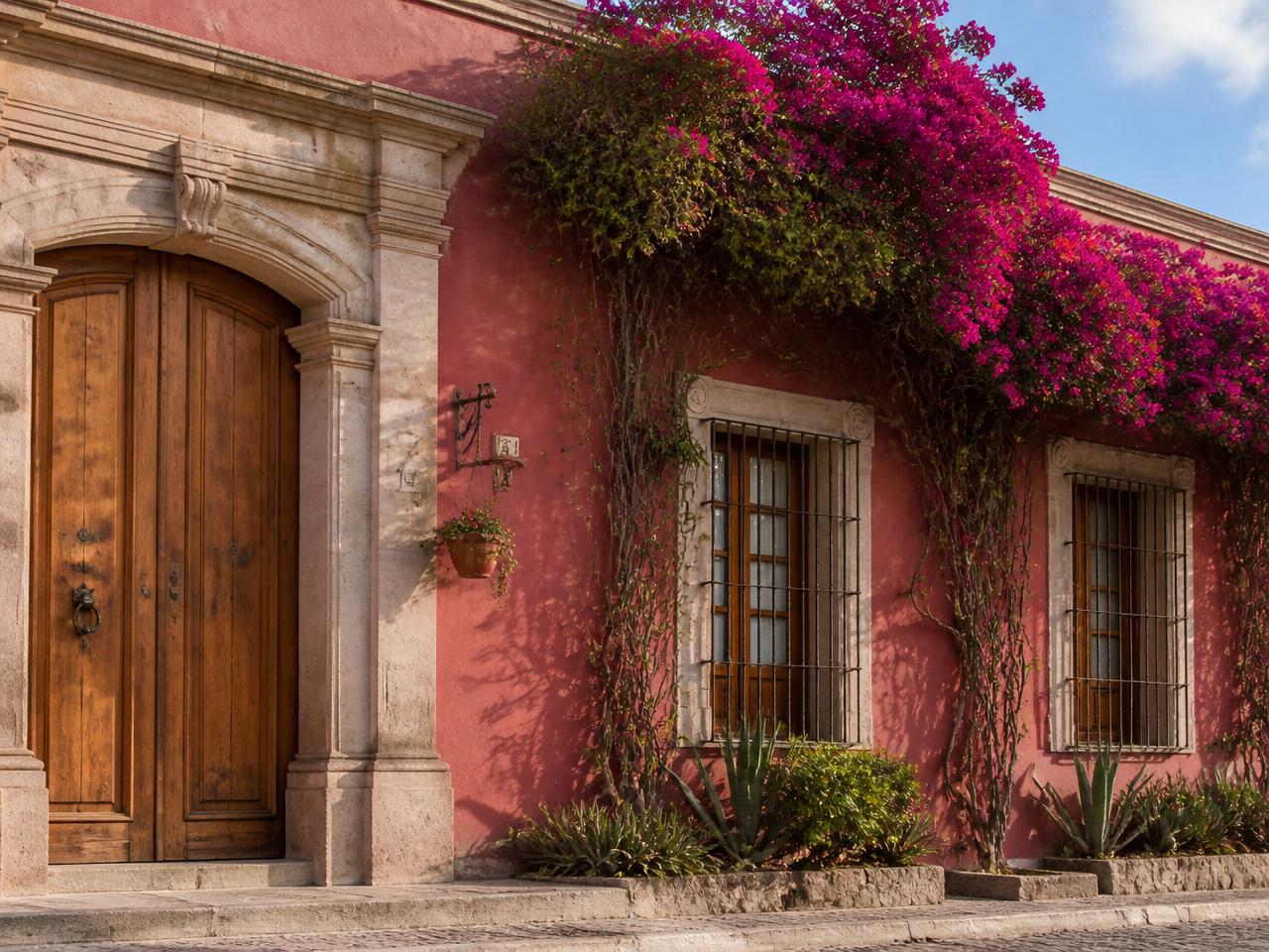 Fachada estilo Colonial vibrante pintada con Cameroon Rose de Berel